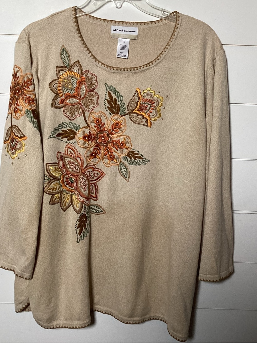Alfred Dunner Beige Embroidered Floral Sweatshirt